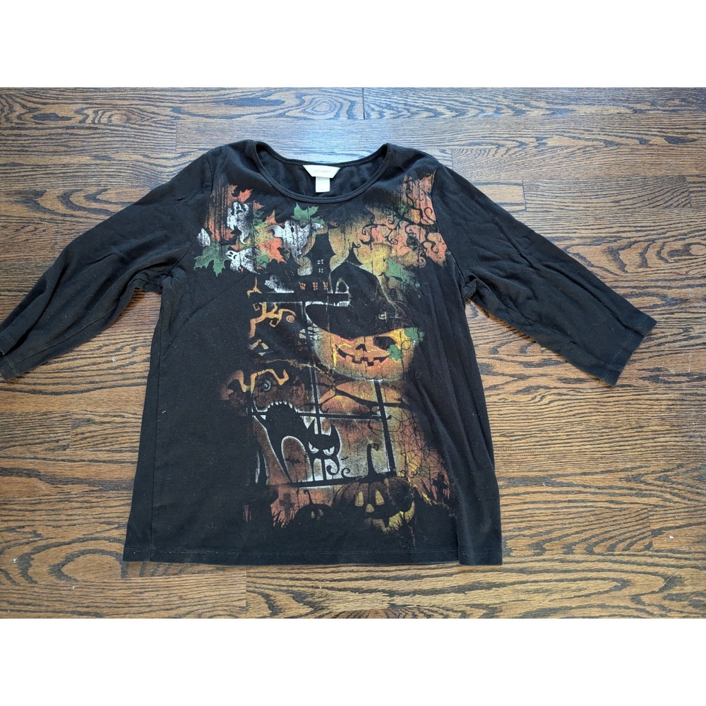 CJ Banks Size X L-XL Halloween Shirt Top Graphic Black Cat Pumpkin 3/4 Sleeve